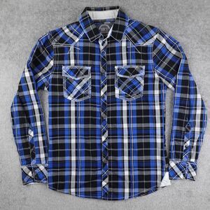 BKE Shirt Mens M Blue Black Plaid Tailored Fit Pearl Snap Long Sleeve Rockabilly